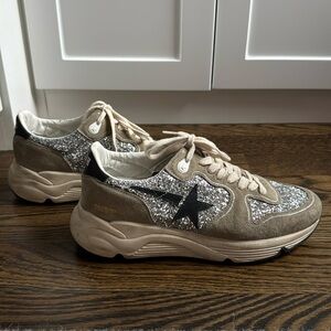 Gently Worn Women's Golden Goose Sneakers in Silver Glitter & Gray Suede Size 40